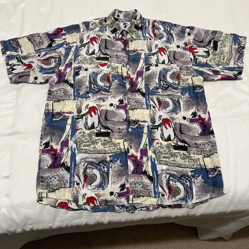 Vtg SILK Shirt Abstract Funky Retro Oversized Streetwear Hip Hop CSC Mens M